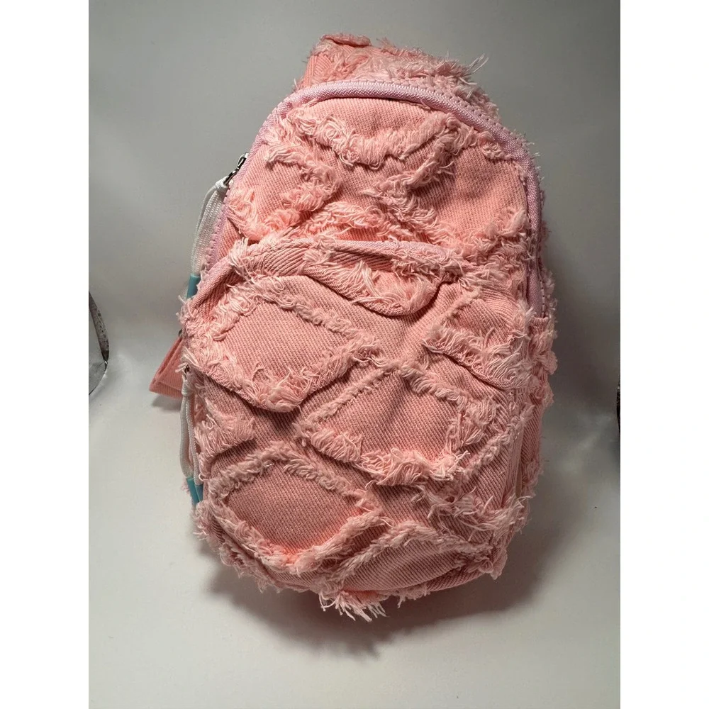 Wildfox Pink Denim Frayed Diamond Quilted Sling Backpack Bag New